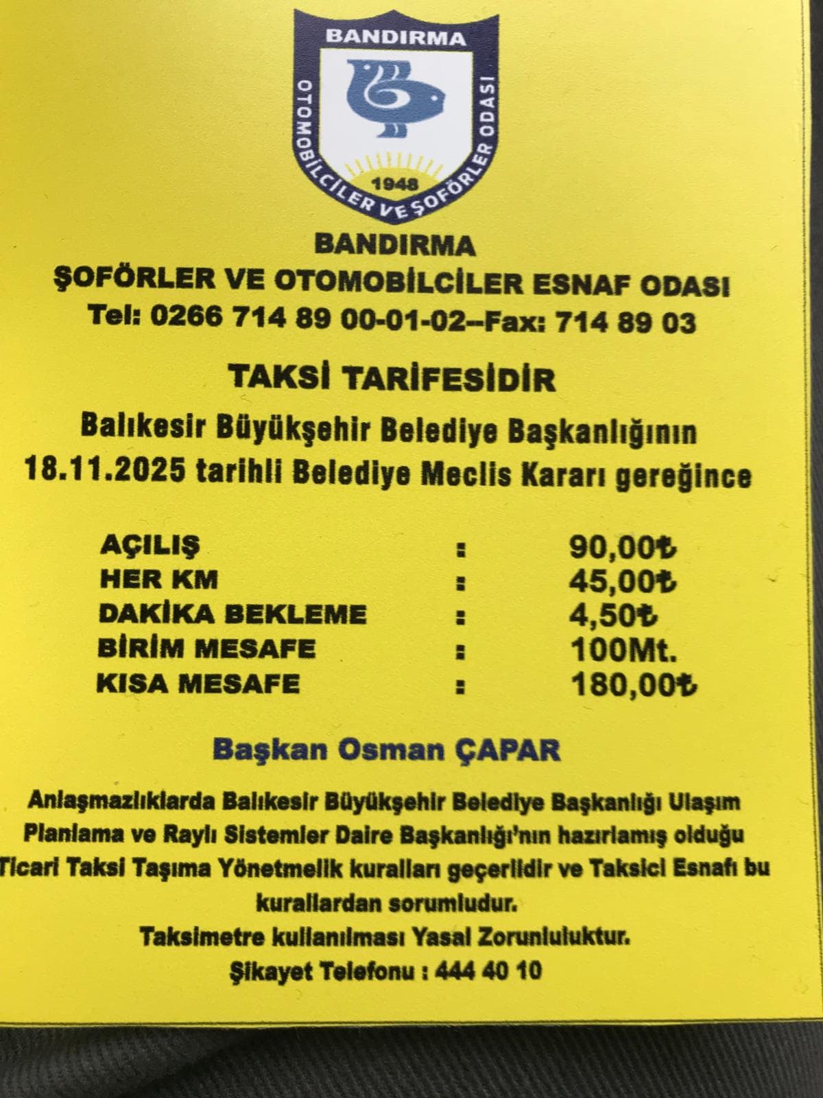 BANDIRMA’DA TAKSİ ÜCRETLERİNE ZAM