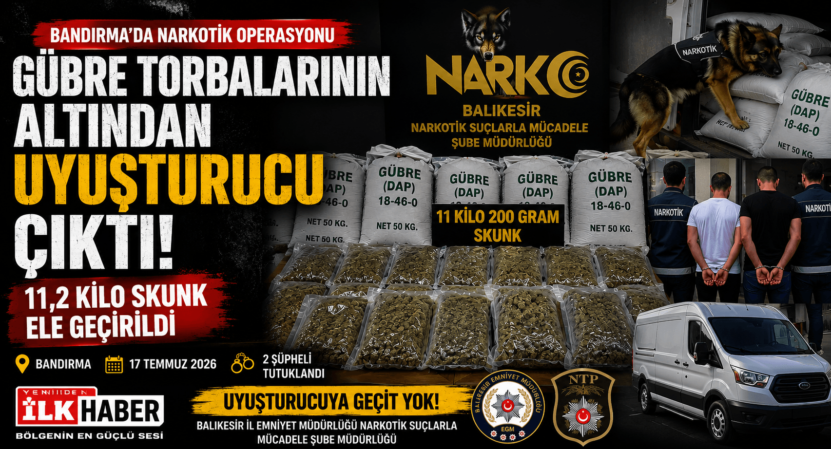 BANDIRMA’DA GÜBRE TORBALARININ ALTINDAN 11,2 KİLO SKUNK ÇIKTI